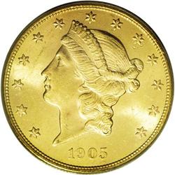 	1905-S $20 MS63 PCGS. A highly lustrous and attractive 1905-S