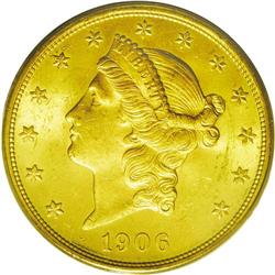 	1906-D $20 MS64 PCGS. This satiny olive-gold near-Gem 1906-D