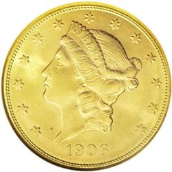 	1906-S $20 MS63 NGC. This pristine example shows a not 1906-S