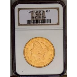 	1907 $20 MS62 NGC. Nicely struck, with bright apricot- 1907