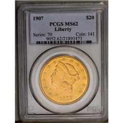 	1907 $20 MS62 PCGS. The surfaces are aglow with scinti 1907