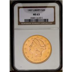 	1907 $20 MS63 NGC. Beautifully rich golden-rose toning 1907