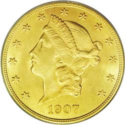 	1907-D $20 MS64 PCGS. Slightly subdued green-gold toni 1907-D