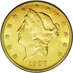 	1907-D $20 MS64 PCGS. A satiny twenty dollar, with a m 1907-D