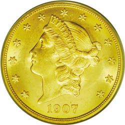 	1907-D $20 MS65 PCGS. This gorgeous pumpkin-gold Gem h 1907-D