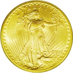 	1907 $20 Arabic Numerals MS65 PCGS. The satiny, tan-go 1907