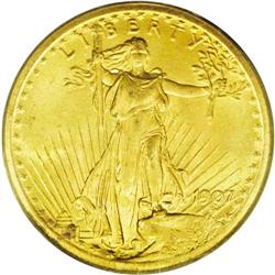 	1907 $20 Arabic Numerals MS65 PCGS. Dashes of gunmetal 1907