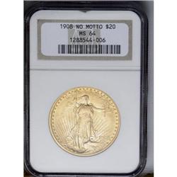 	1908 $20 No Motto MS64 NGC. Long Rays Obverse. A thoro 1908