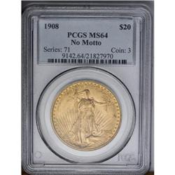 	1908 $20 No Motto MS64 PCGS. Long Rays Obverse. This s 1908