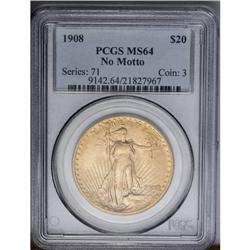 	1908 $20 No Motto MS64 PCGS. Short Rays Obverse. Cartw 1908