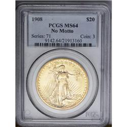 	1908 $20 No Motto MS64 PCGS. Short Rays Obverse. A lus 1908
