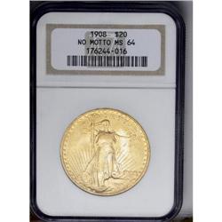 	1908 $20 No Motto MS64 NGC. Medium yellow-gold surface 1908