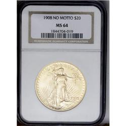 	1908 $20 No Motto MS64 NGC. A frosty near-Gem example 1908