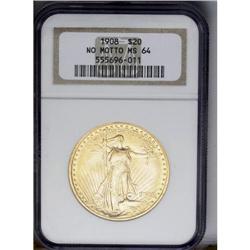 	1908 $20 No Motto MS64 NGC. A splendid near-Gem with b 1908
