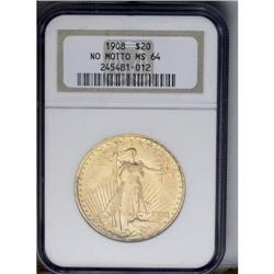 	1908 $20 No Motto MS64 NGC. Pleasing honey-gold color 1908