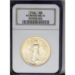 	1908 $20 No Motto MS64 NGC. Graced by bounteous luster 1908