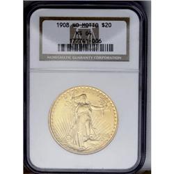 	1908 $20 No Motto MS64 NGC. Long Rays Obverse. The lem 1908