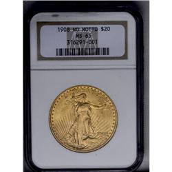 	1908 $20 No Motto MS65 NGC. Long Rays Obverse. Booming 1908