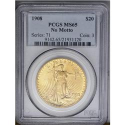 	1908 $20 No Motto MS65 PCGS. Peach-gold surfaces spark 1908