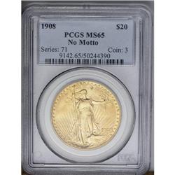 	1908 $20 No Motto MS65 PCGS. A sterling Gem example of 1908