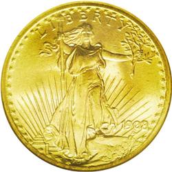 	1908 $20 No Motto MS66 NGC. Short Rays, indicated by t 1908