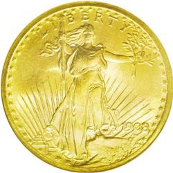 	1908 $20 No Motto MS66 NGC. A satiny, sunrise-gold Gem 1908