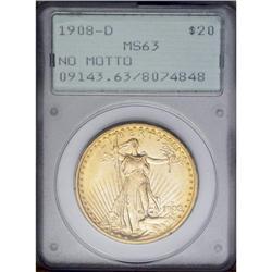 	1908-D $20 No Motto MS63 PCGS. Rich lemon toning invig 1908-D
