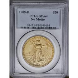 	1908-D $20 No Motto MS64 PCGS. Long Rays Obverse. A lu 1908-D