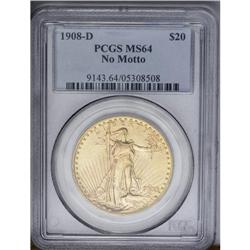	1908-D $20 No Motto MS64 PCGS. Honey-gold surfaces rev 1908-D