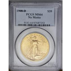 	1908-D $20 No Motto MS64 PCGS. Rich orange-gold colora 1908-D
