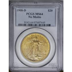 	1908-D $20 No Motto MS64 PCGS. The honey-gold surfaces 1908-D