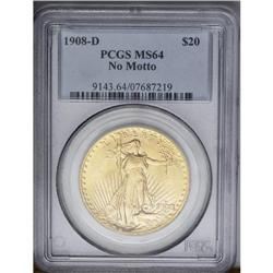 	1908-D $20 No Motto MS64 PCGS. At first glance seeming 1908-D