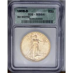 	1908-D $20 No Motto MS64 ICG. Long Rays Obverse. Many 1908-D