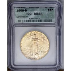 	1908-D $20 No Motto MS64 ICG. Short Rays Obverse. Prio 1908-D