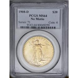 	1908-D $20 No Motto MS64 PCGS. Highly lustrous surface 1908-D