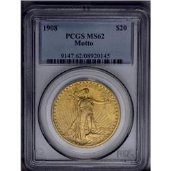 	1908 $20 Motto MS62 PCGS. This satiny olive-tinged dou 1908