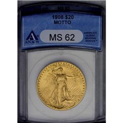	1908 $20 Motto MS62 ANACS. This frosty, green-gold sur 1908
