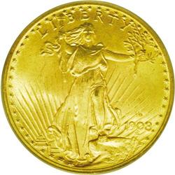 	1908-D $20 Motto MS65 PCGS. An exceptionally clean exa 1908-D