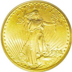 	1908-D $20 Motto MS65 ICG. A fully lustrous apricot-go 1908-D