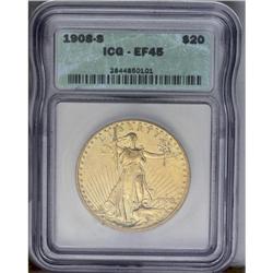 	1908-S $20 XF45 ICG. This Choice XF 1908-S displays at 1908-S
