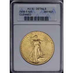 	1908-S $20 --Cleaned--ANACS. AU50 Details. Only 22,000 1908-S