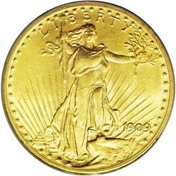 	1909 $20 MS63 PCGS. Boldly struck with even, near-full 1909