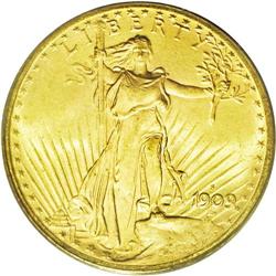 	1909-S $20 MS65 PCGS. The 1909-S twenty is relatively 1909-S