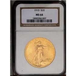 	1910 $20 MS64 NGC. Lustrous, peach-gold surfaces displ 1910