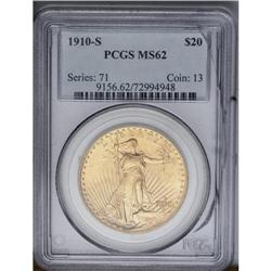 	1910-S $20 MS62 PCGS. Apricot-gold patina displays tra 1910-S