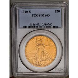 	1910-S $20 MS63 PCGS. Bright and satiny with variegate 1910-S