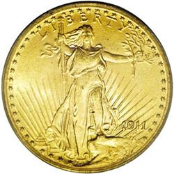 	1911 $20 MS64 PCGS. This near-Gem portrays the usual s 1911