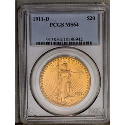 	1911-D $20 MS64 PCGS. The bright and satiny peach-gold 1911-D