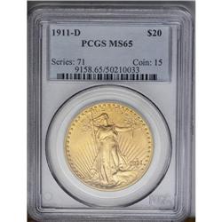 	1911-D $20 MS65 PCGS. Beautifully and evenly patinated 1911-D