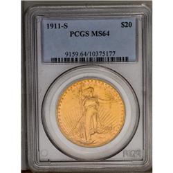 	1911-S $20 MS64 PCGS. Fine-grained honey-gold surfaces 1911-S